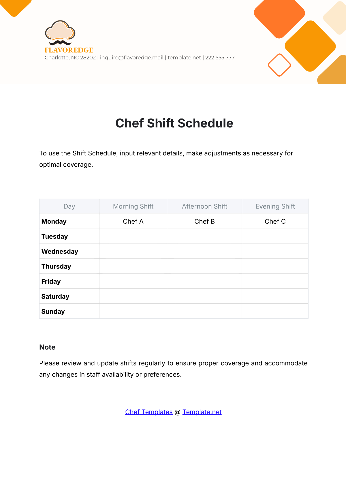 Chef Shift Schedule Template - Edit Online & Download