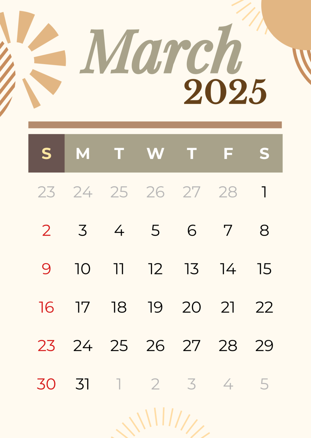 Portrait March 2025 Calendar Template