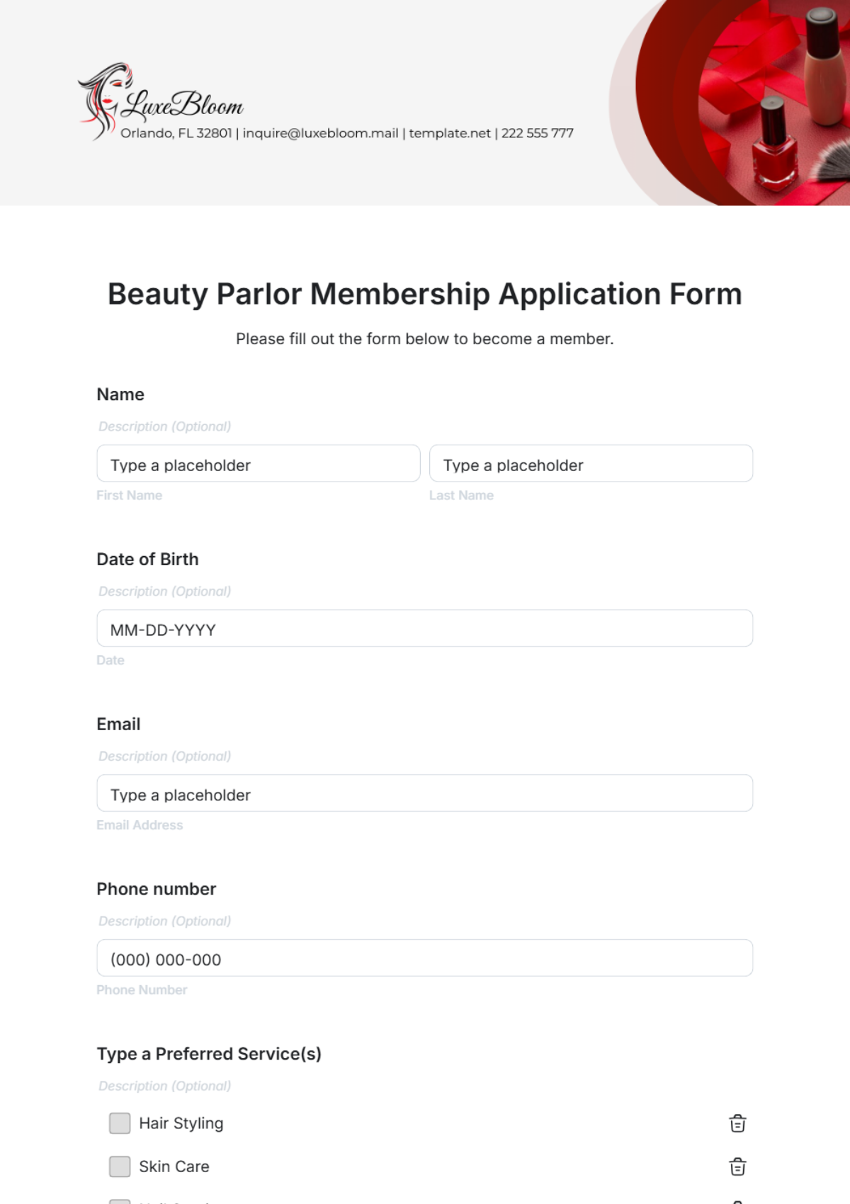 Beauty Parlor Membership Application Form Template - Edit Online & Download