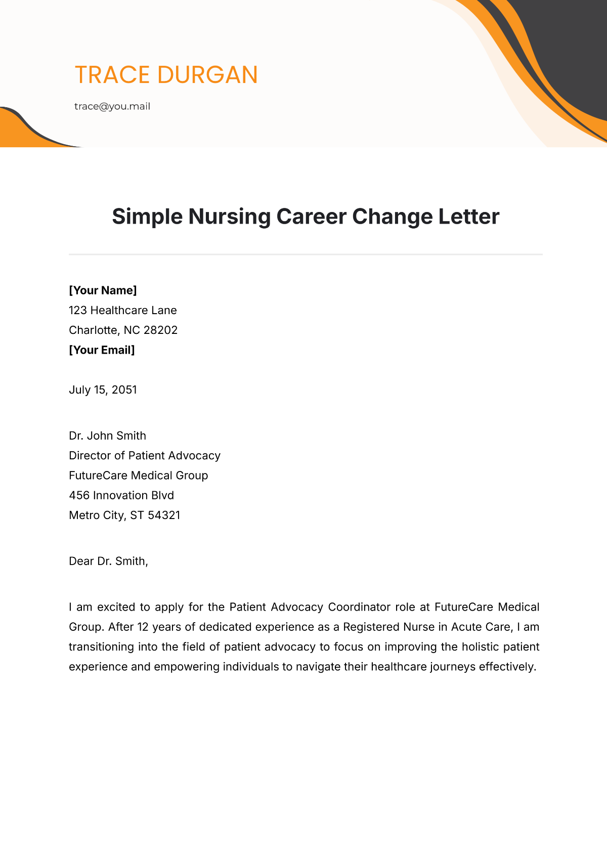 Simple Nursing Career Change Letter Template - Edit Online & Download