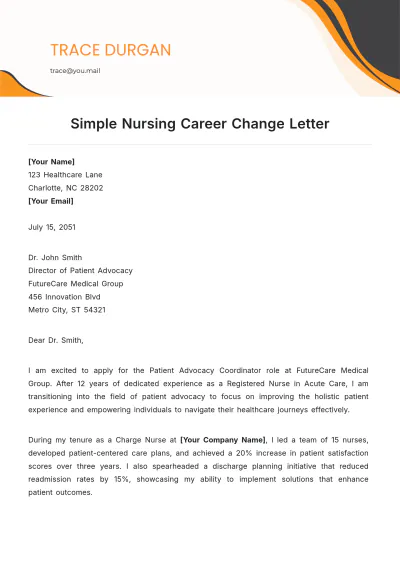 Free Simple Nursing Career Change Letter Template to Edit Online