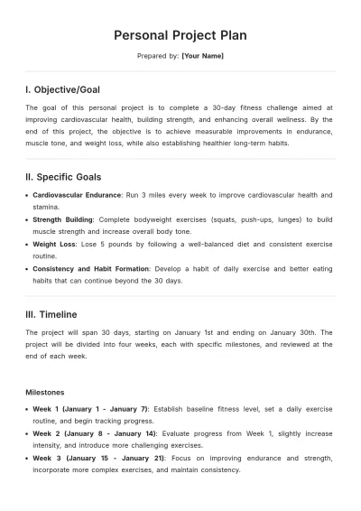 Free Personal Project Plan Template to Edit Online