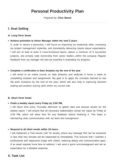 Free Personal Productivity Plan Template to Edit Online