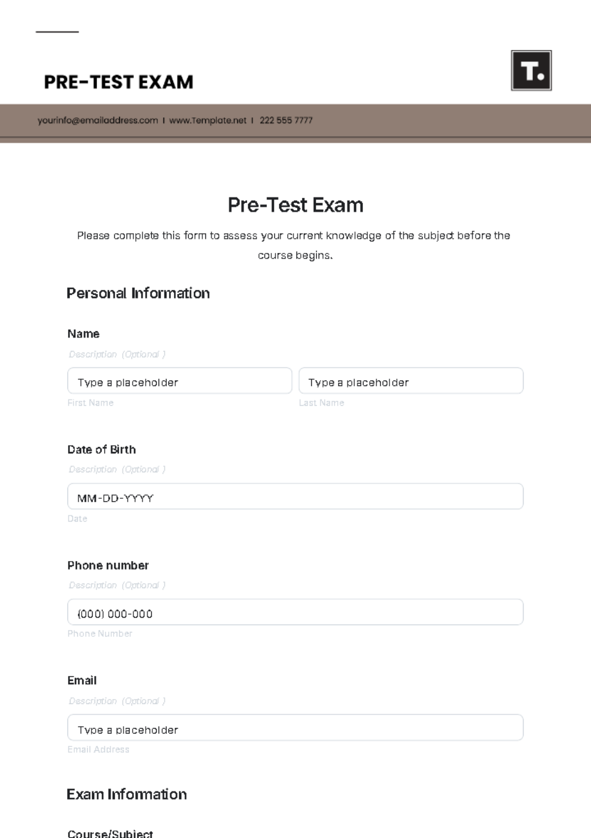 Pre-Test Exam Template - Edit Online & Download