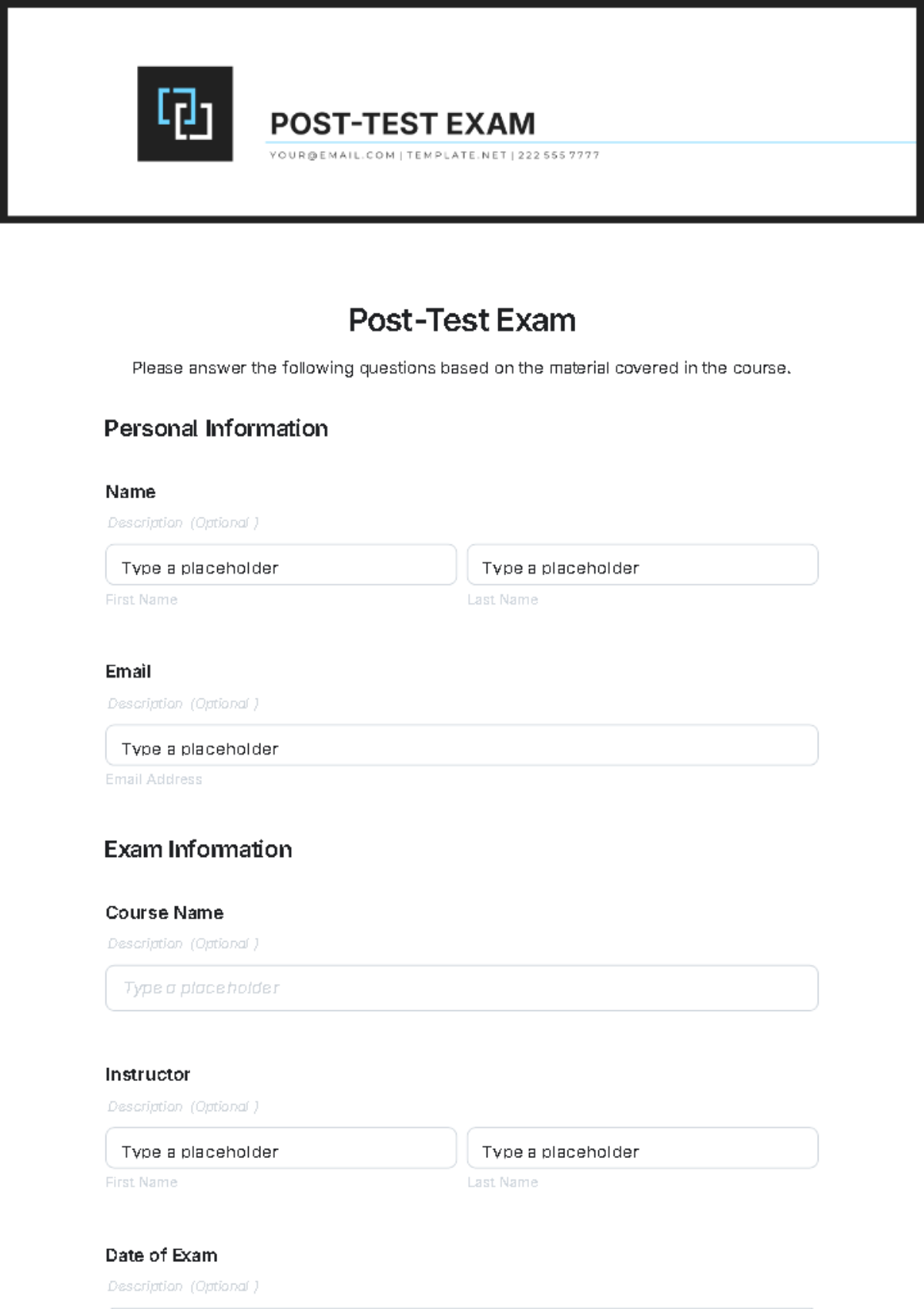 Post-Test Exam Template - Edit Online & Download