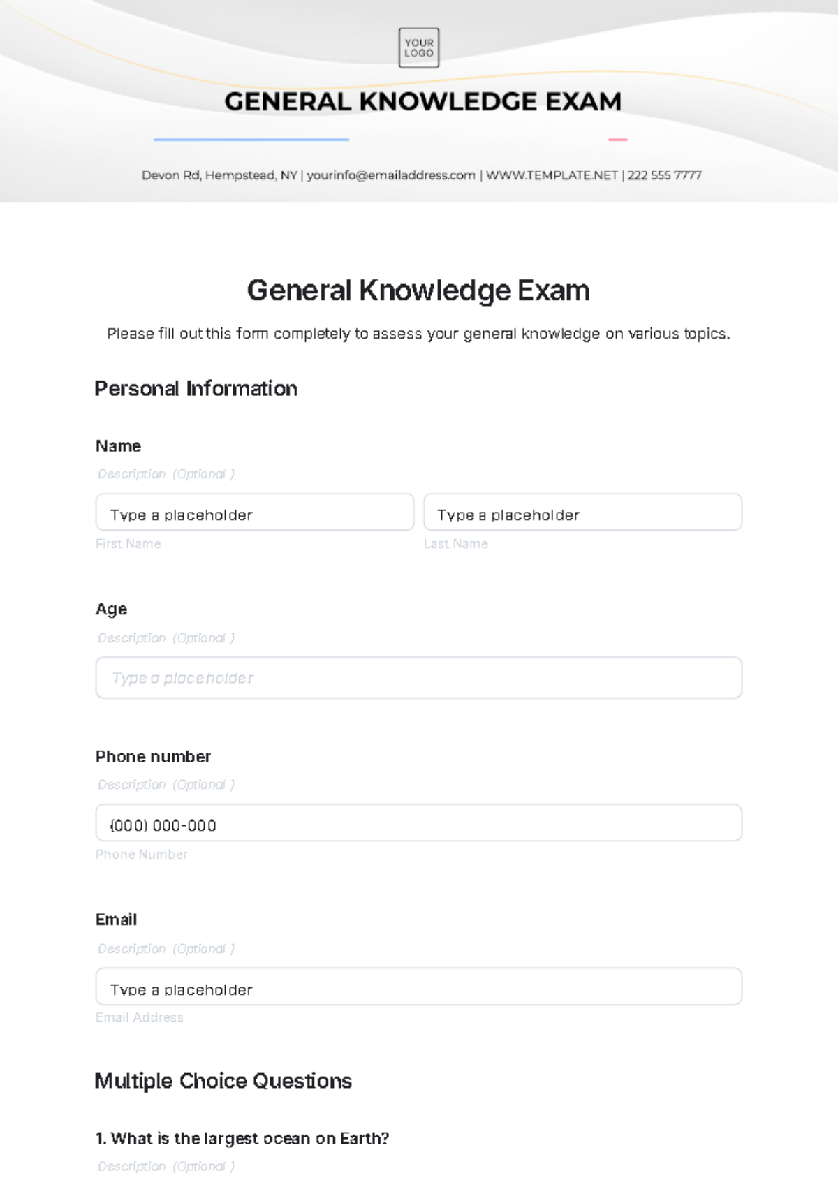 General Knowledge Exam Template - Edit Online & Download