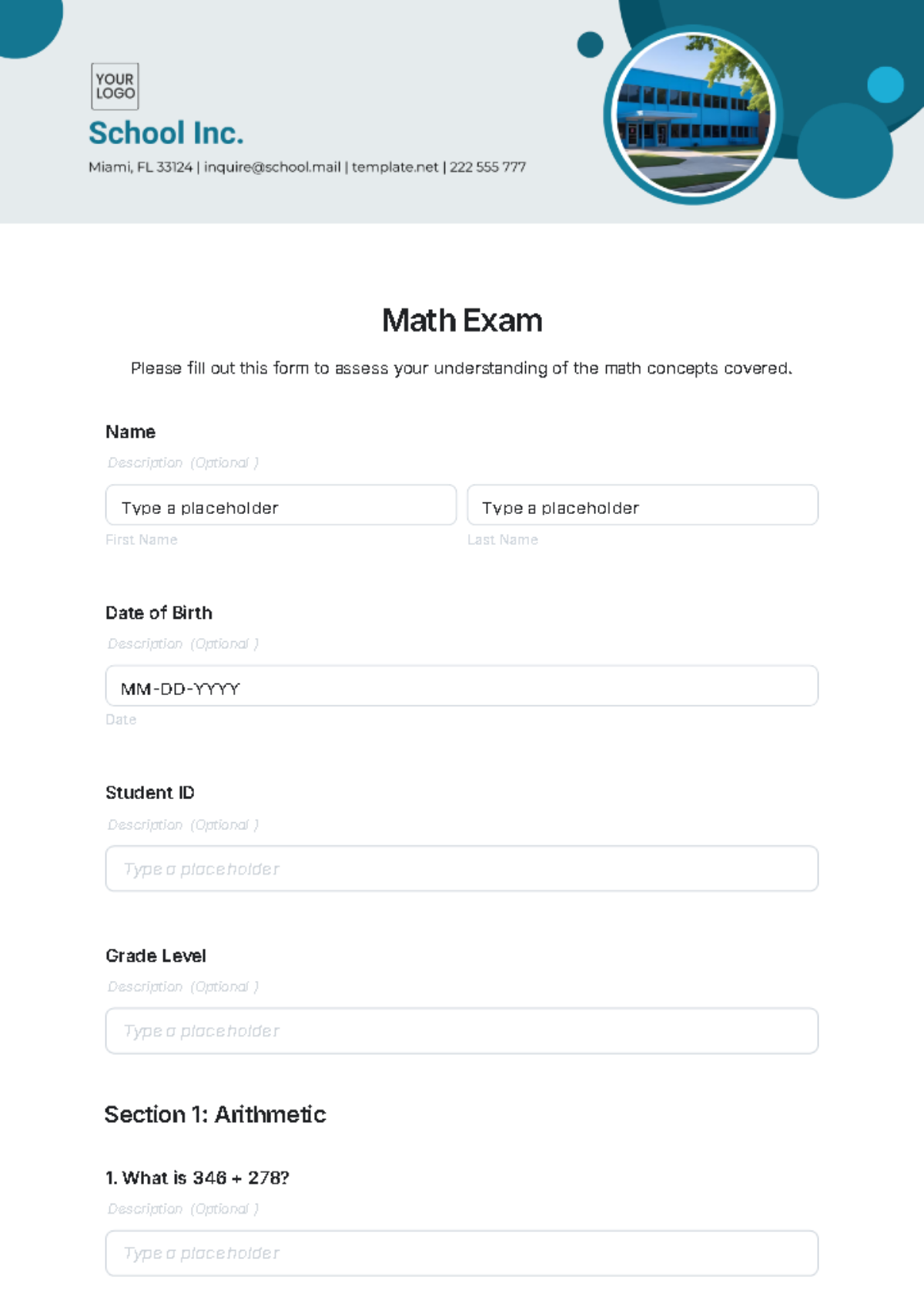 Math Exam Template - Edit Online & Download