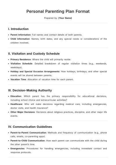 Free Personal Parenting Plan Format Template to Edit Online