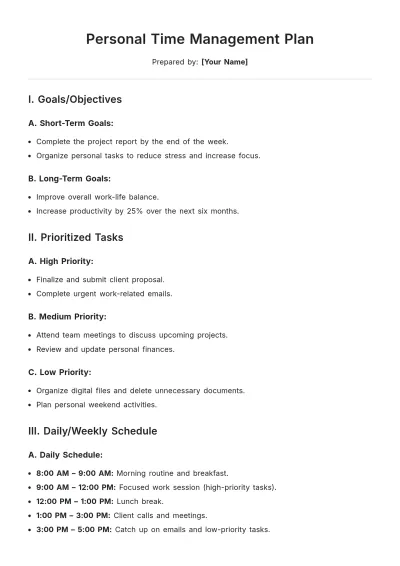 Free Personal Time Management Plan Template to Edit Online