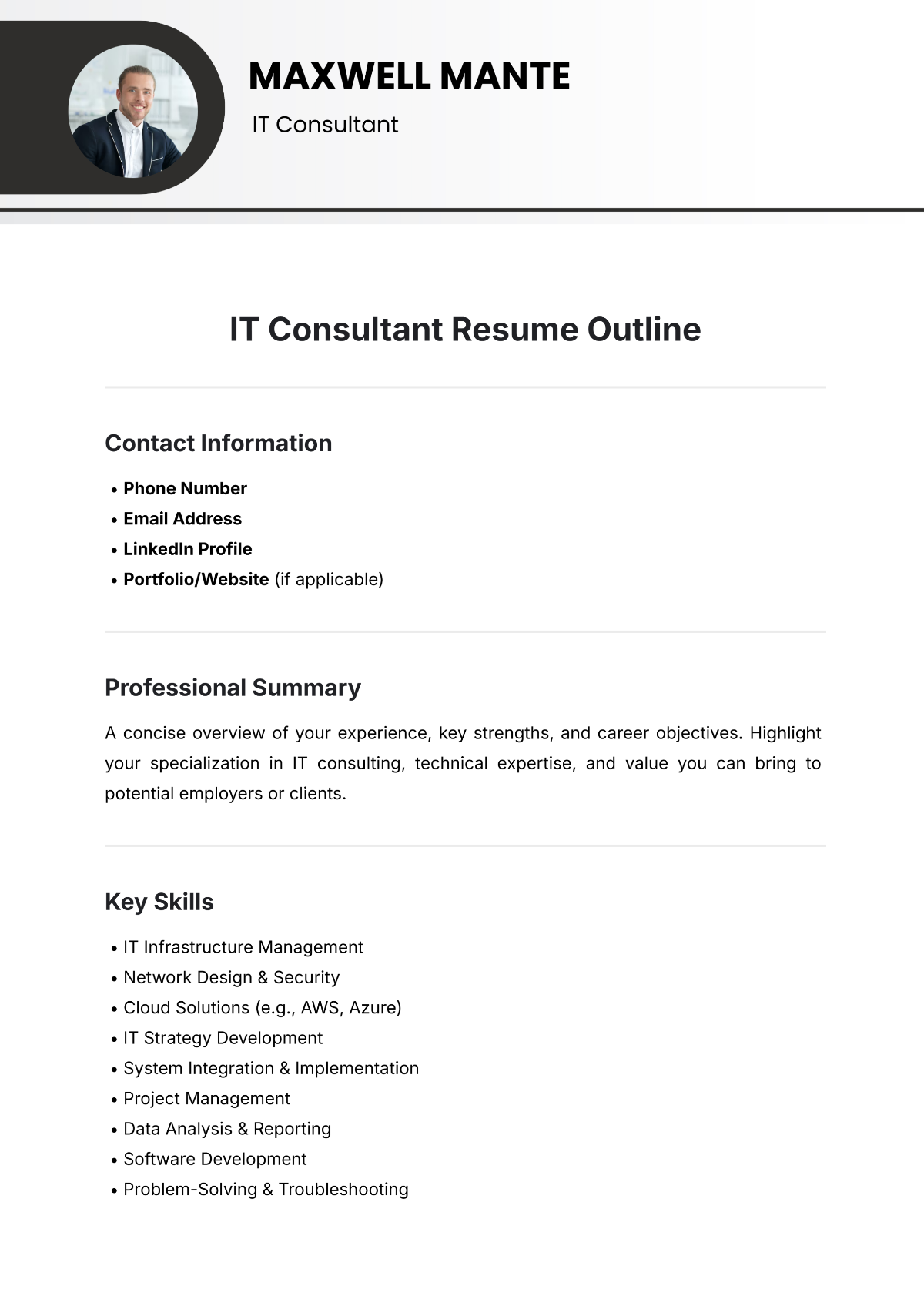 IT Consultant Resume Outline Template - Edit Online & Download