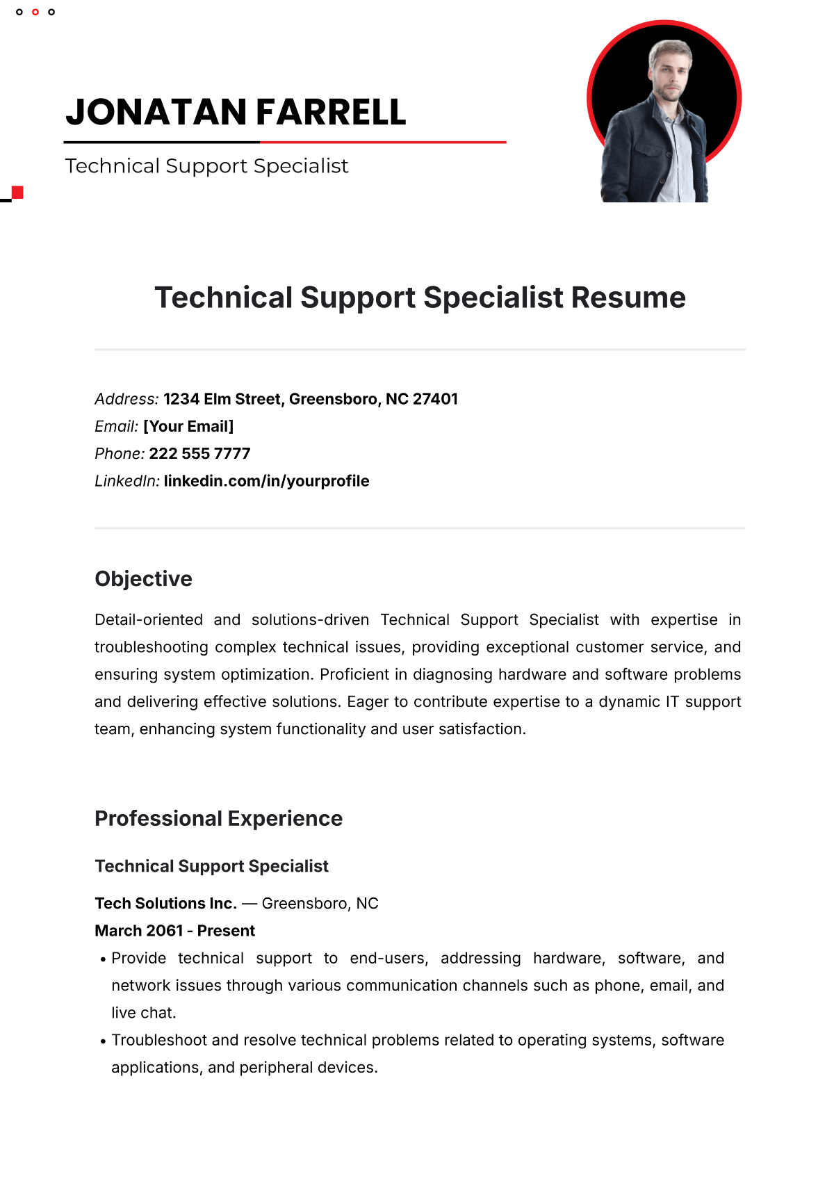 Technical Support Specialist Resume Template - Edit Online & Download