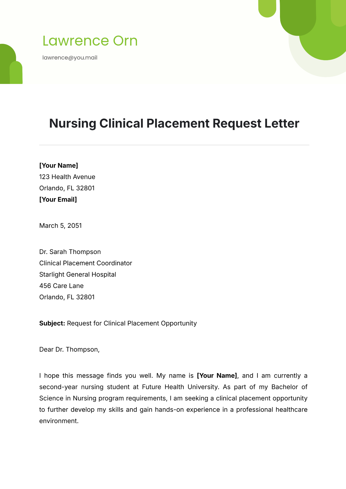 Nursing Clinical Placement Request Letter Template - Edit Online & Download