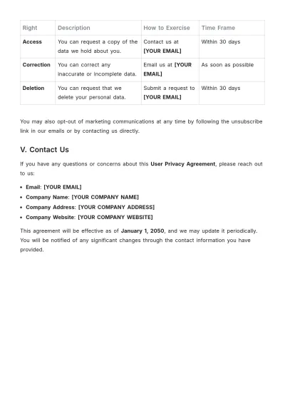 Free User Privacy Agreement Template to Edit Online