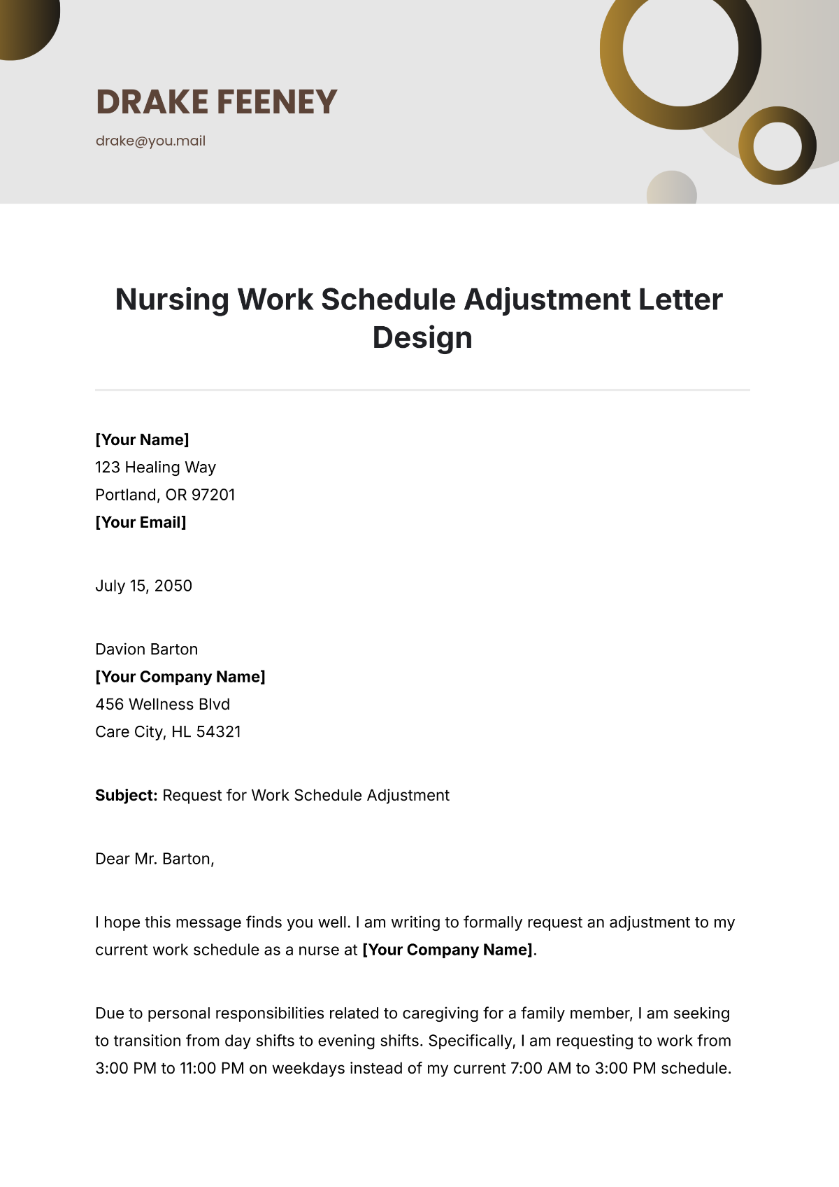 Nursing Work Schedule Adjustment Letter Design Template - Edit Online & Download