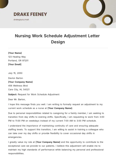 Free Nursing Work Schedule Adjustment Letter Design Template to Edit Online