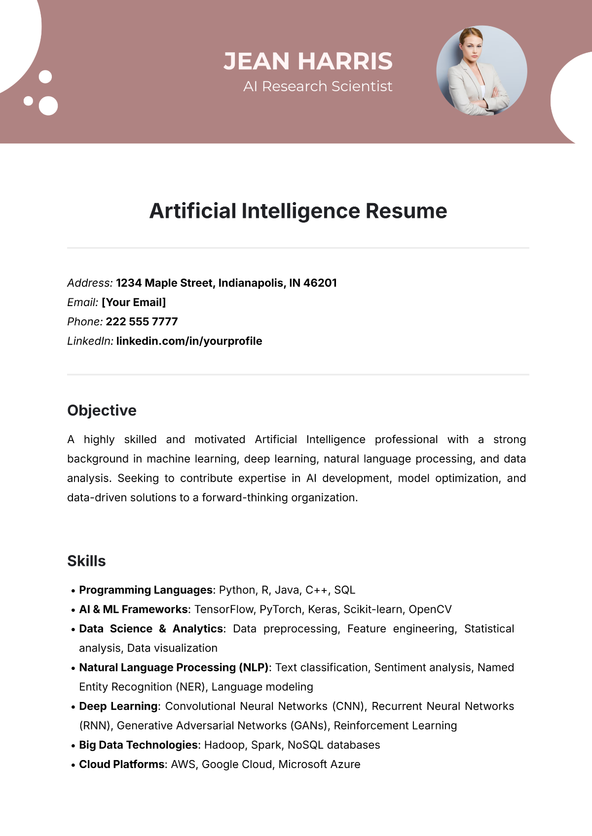 Artificial Intelligence Resume Template - Edit Online & Download