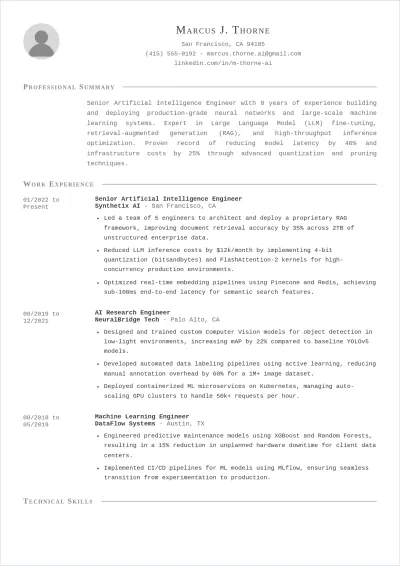 Free Artificial Intelligence ATS Resume Template, AI Resume Builder