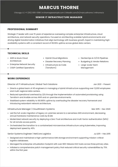 Free Senior IT Professional ATS Resume Template, AI Resume Builder