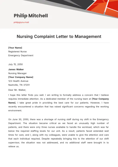 Free Nursing Complaint Letter to Management Template to Edit Online