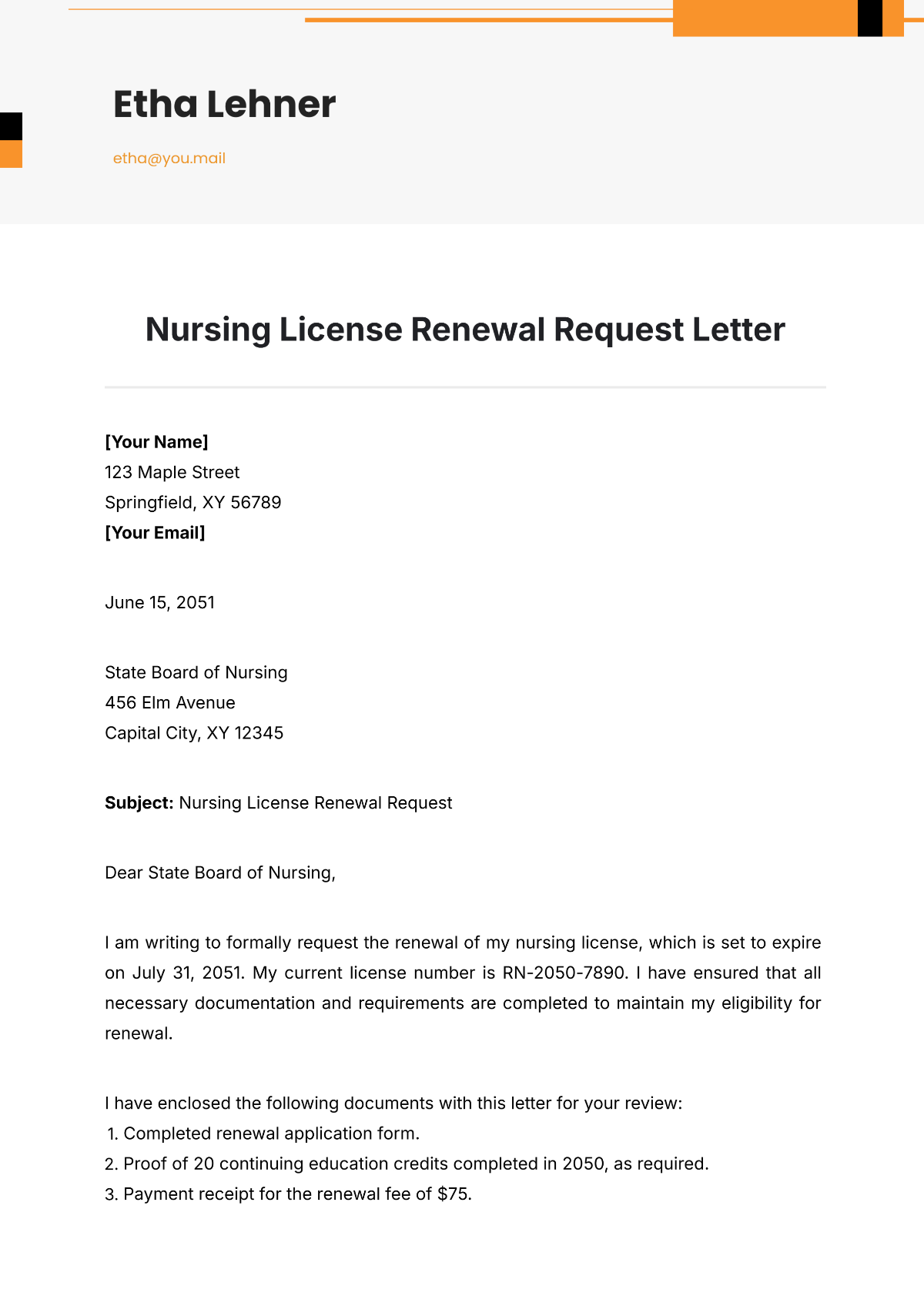 Nursing License Renewal Request Letter Template - Edit Online & Download