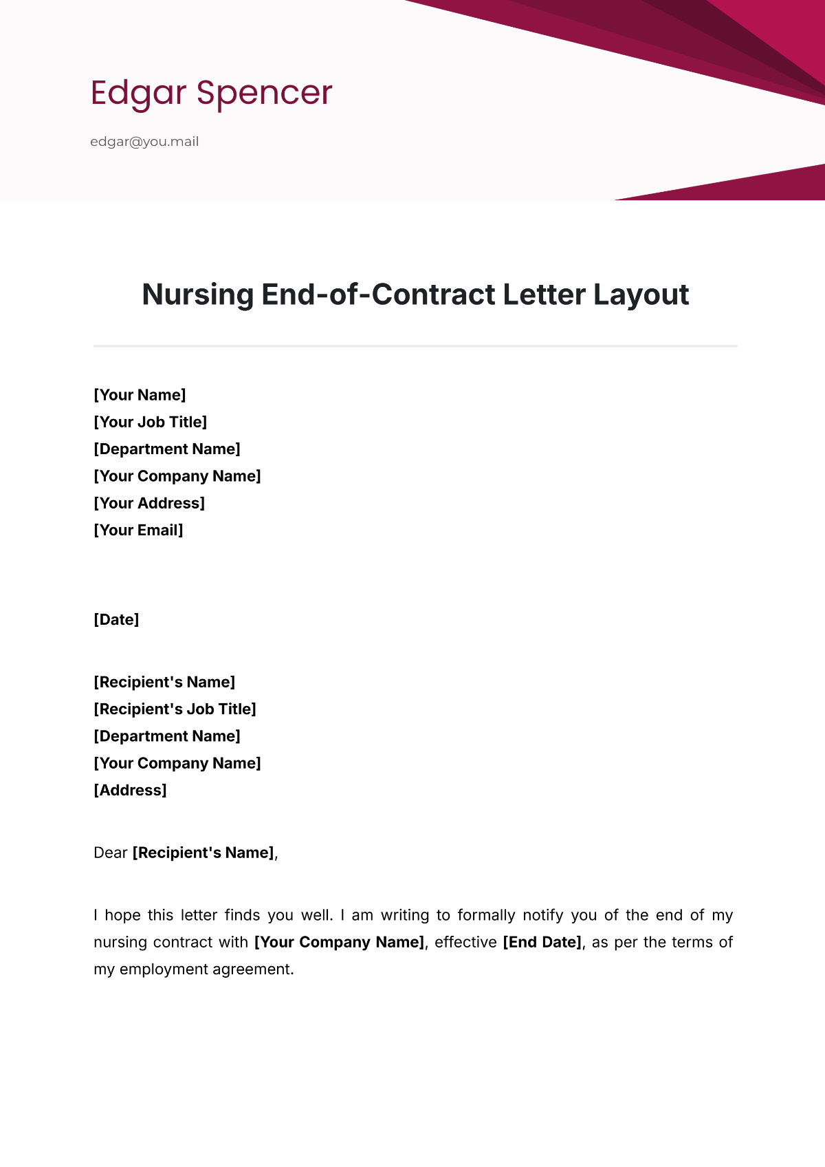 Nursing End-of-Contract Letter Layout Template - Edit Online & Download