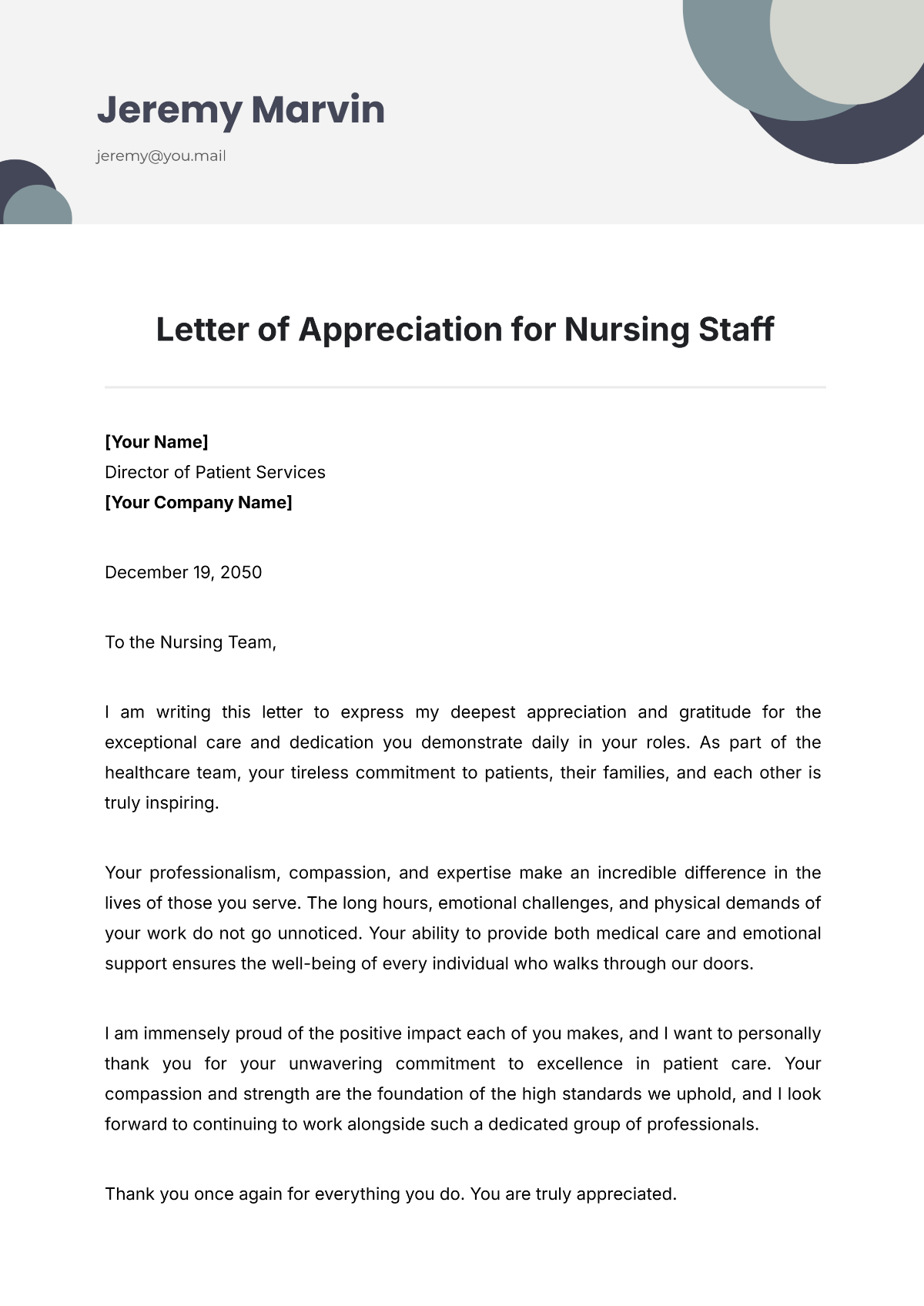 Letter of Appreciation for Nursing Staff Template - Edit Online & Download