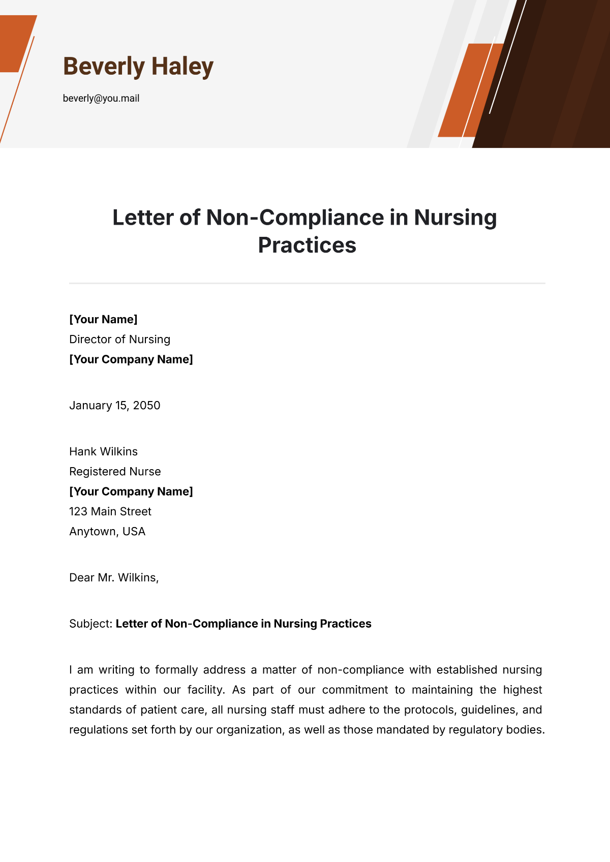 Letter of Non-Compliance in Nursing Practices Template - Edit Online & Download