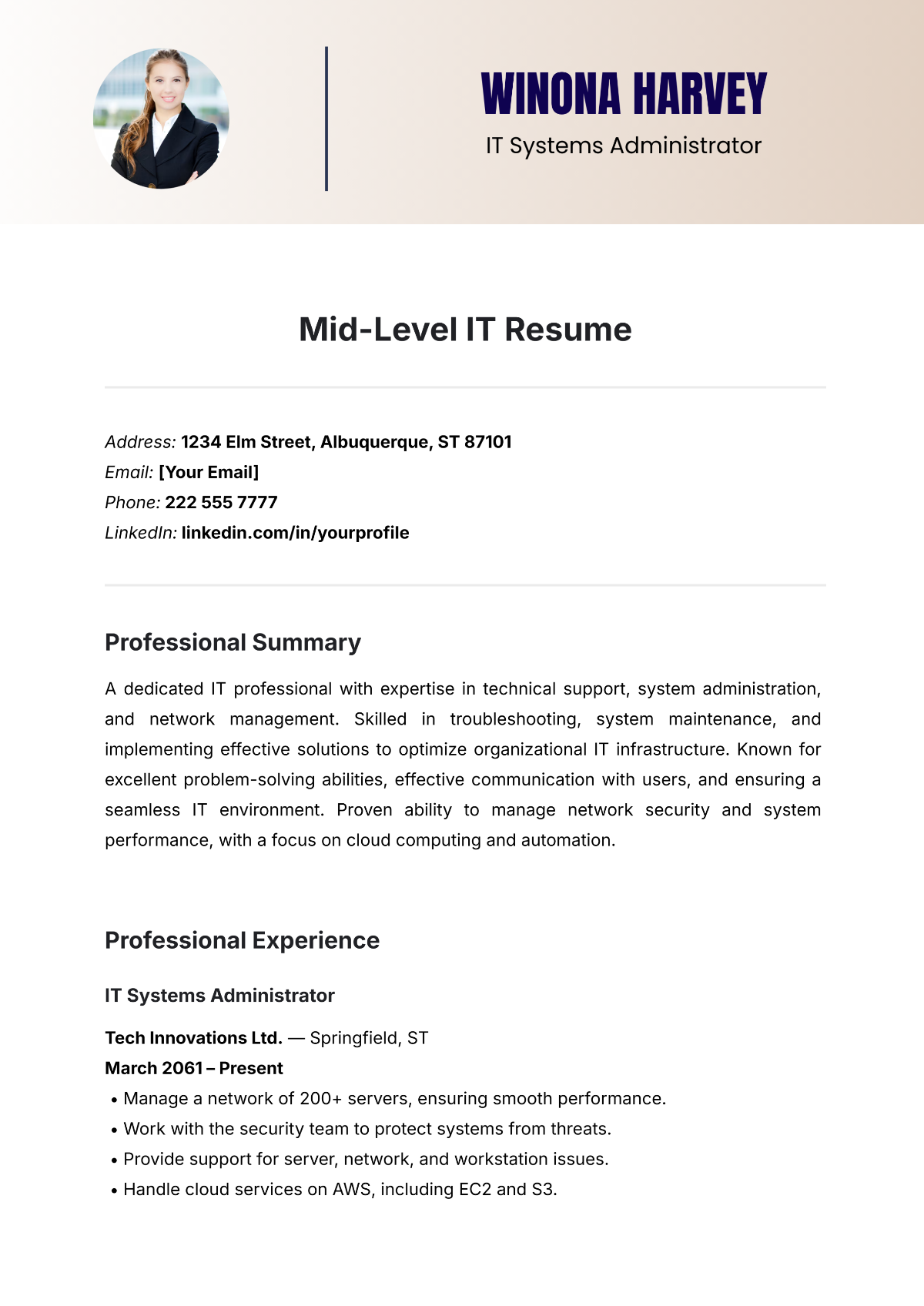 Mid-Level IT Resume Template - Edit Online & Download