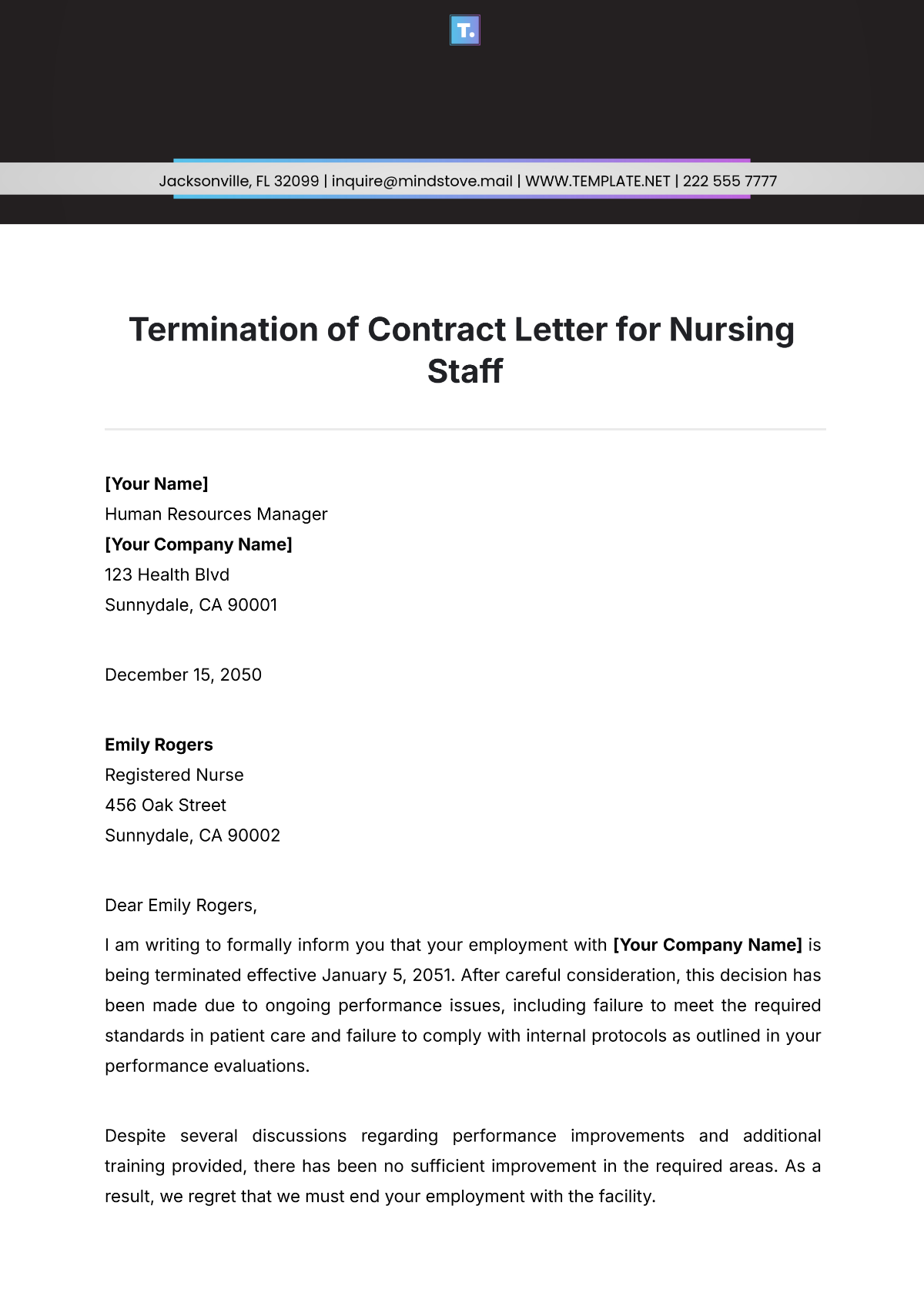 Termination of Contract Letter for Nursing Staff Template - Edit Online & Download