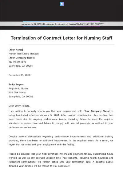 Free Termination of Contract Letter for Nursing Staff Template to Edit Online