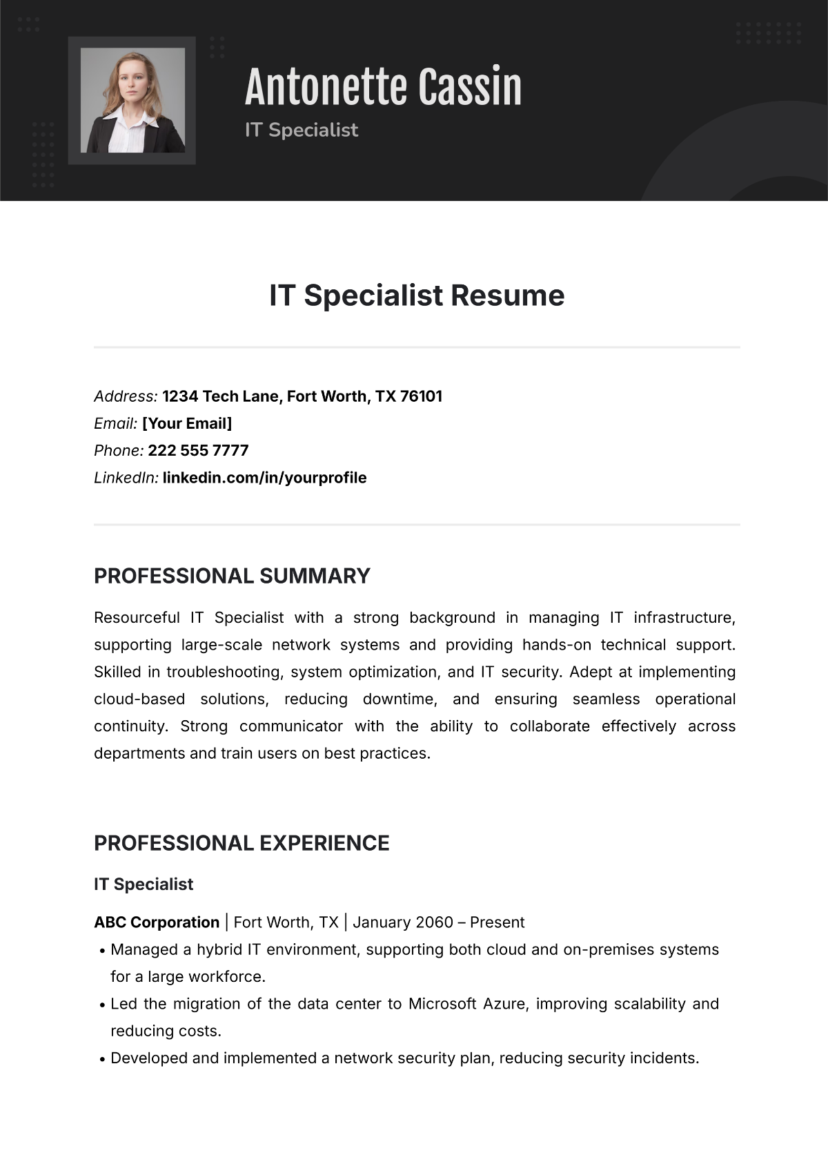 IT Specialist Resume Template - Edit Online & Download