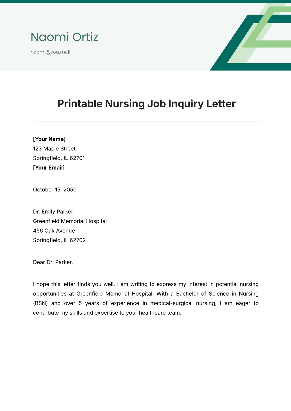 Printable Nursing Job Inquiry Letter Template - Edit Online & Download