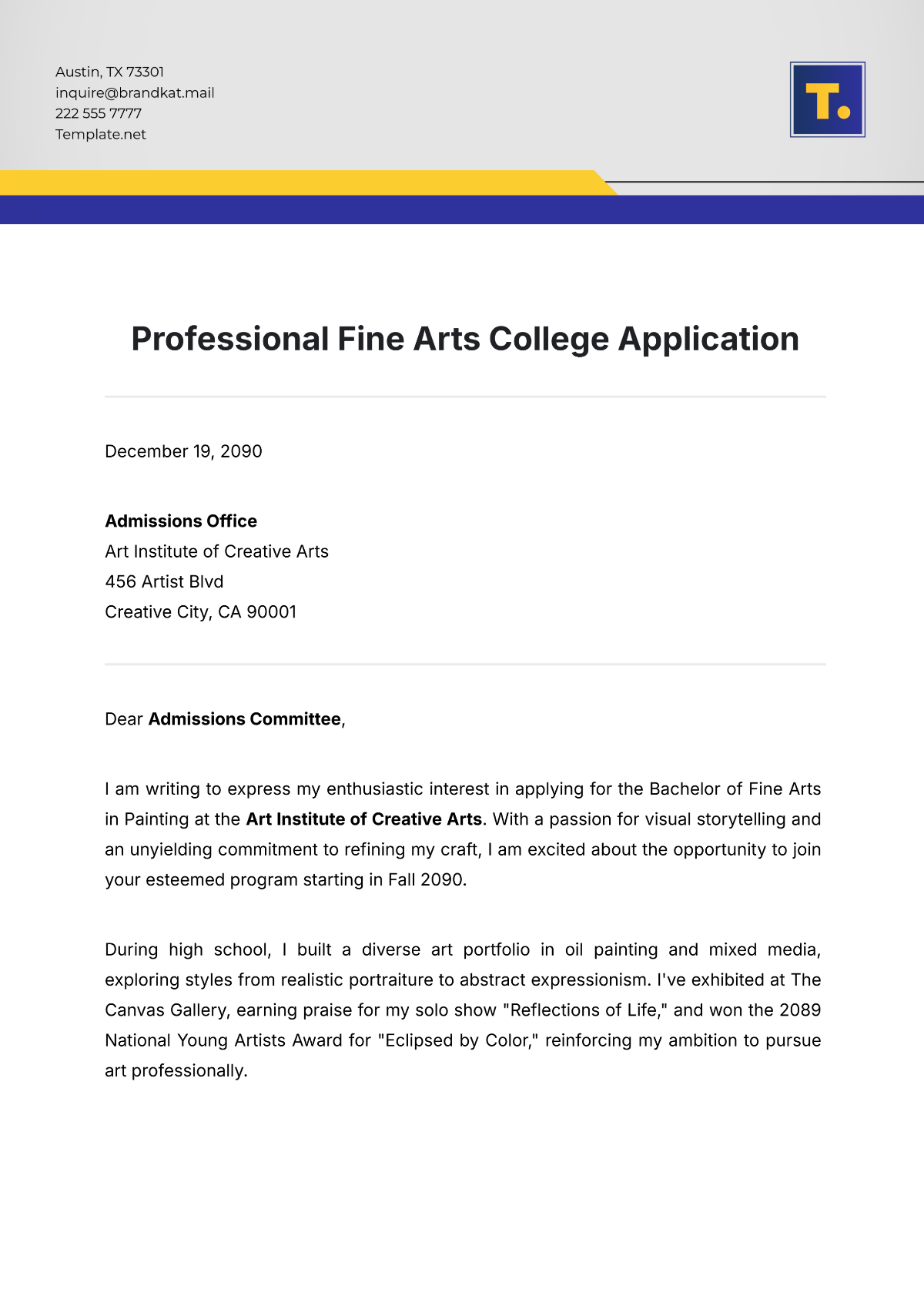 Professional Fine Arts College Application Template - Edit Online & Download