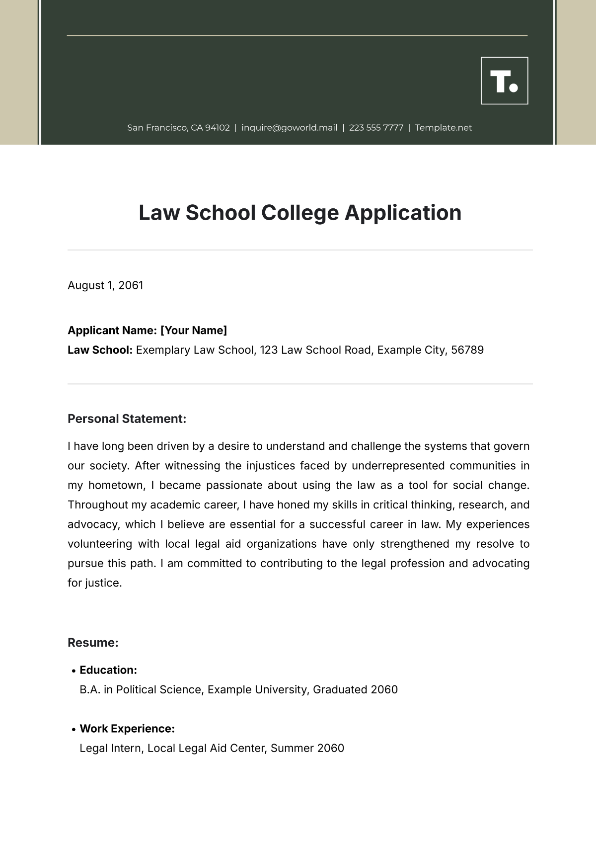 Law School College Application Template - Edit Online & Download