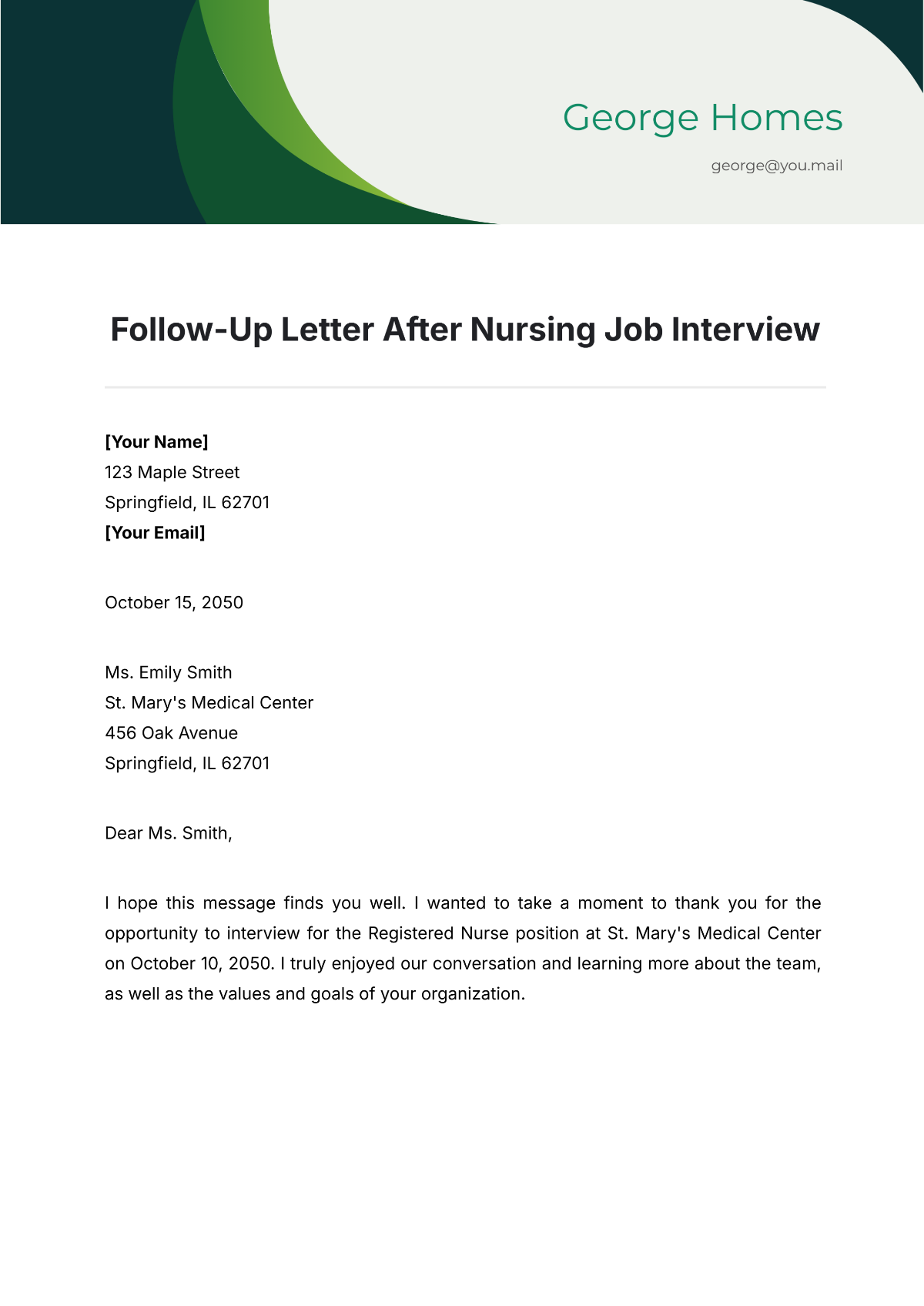 Follow-Up Letter After Nursing Job Interview Template - Edit Online & Download