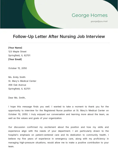 Free Follow-Up Letter After Nursing Job Interview Template to Edit Online