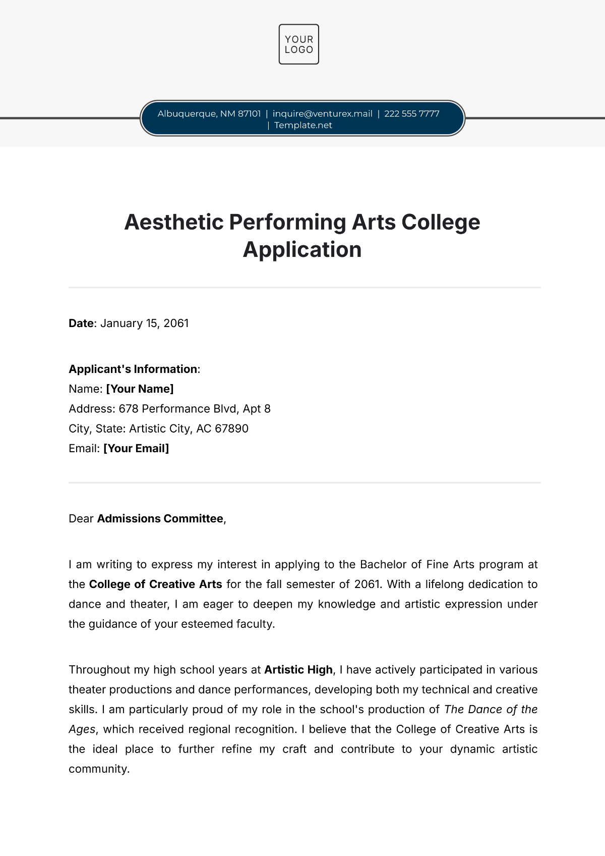 Aesthetic Performing Arts College Application Template - Edit Online & Download