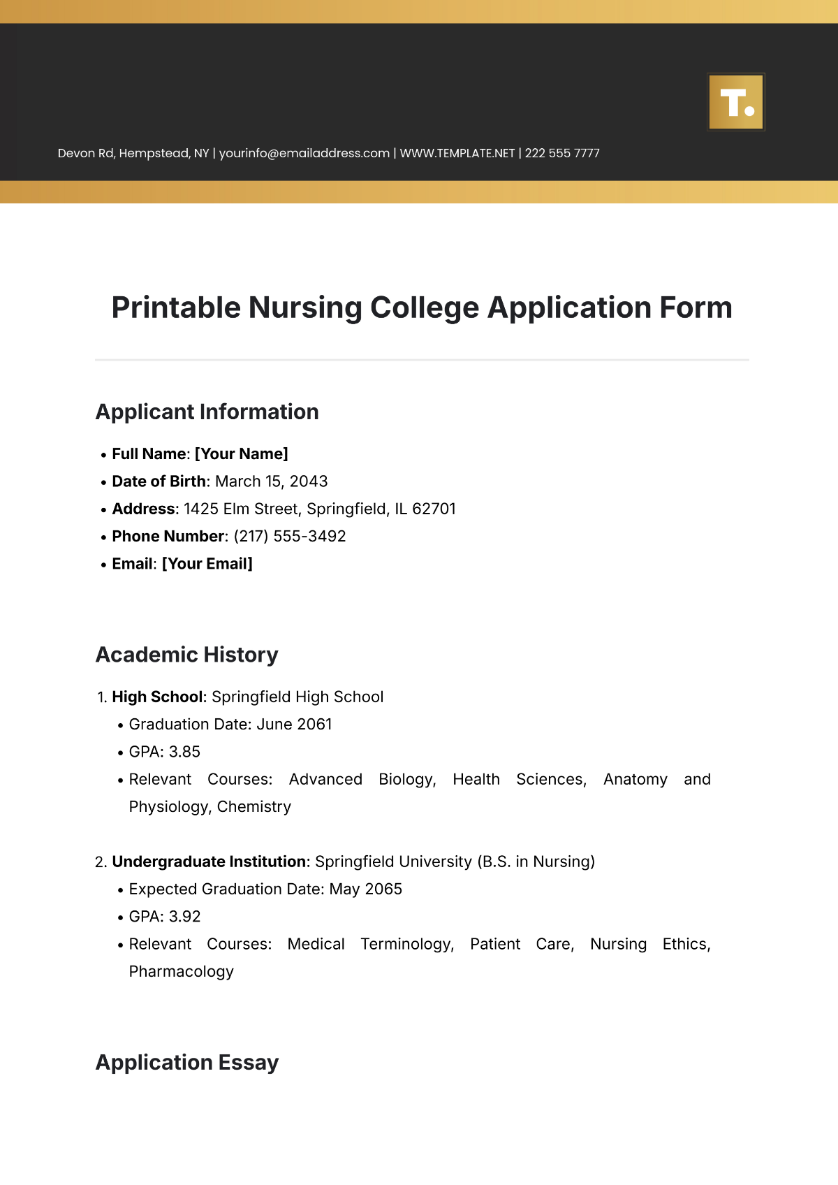 Printable Nursing College Application Template - Edit Online & Download