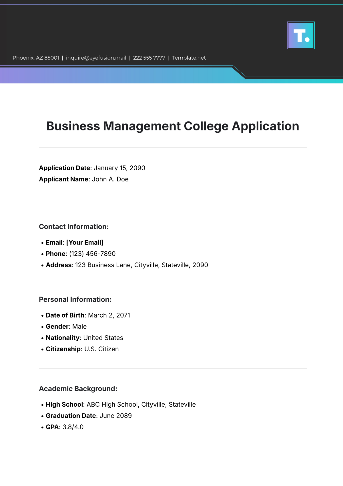 Business Management College Application Template - Edit Online & Download