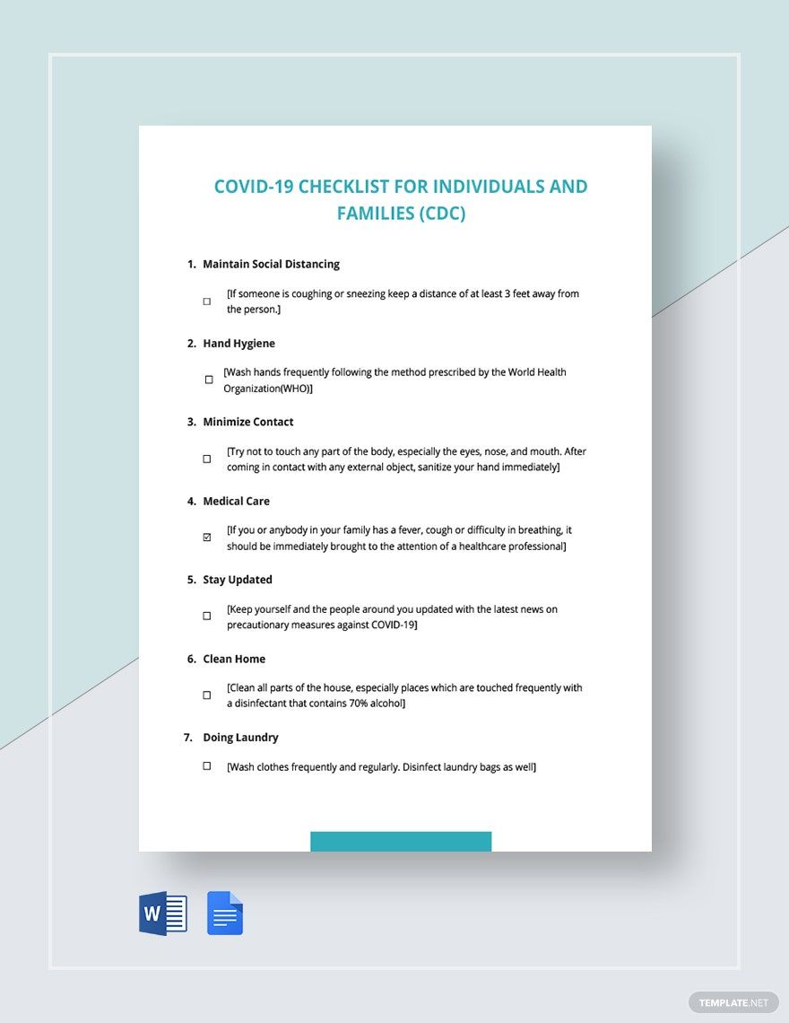 Coronavirus COVID-19 Checklist for Individuals and Families (CDC) Template