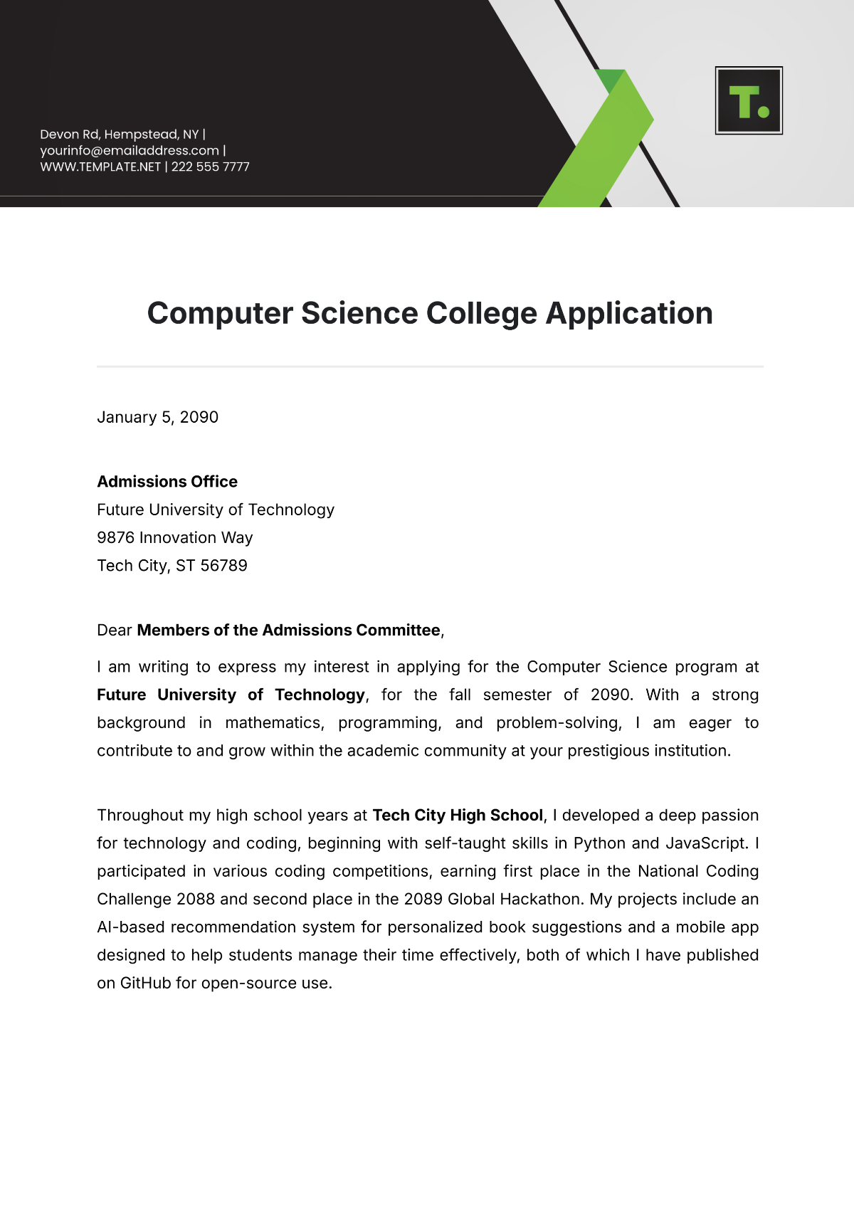 Computer Science College Application Template - Edit Online & Download