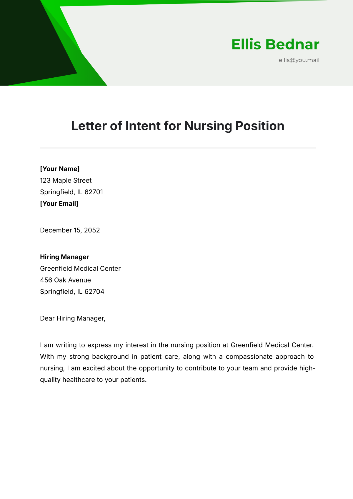 Letter of Intent for Nursing Position Template - Edit Online & Download