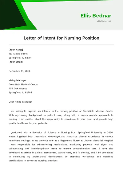 Free Letter of Intent for Nursing Position Template to Edit Online
