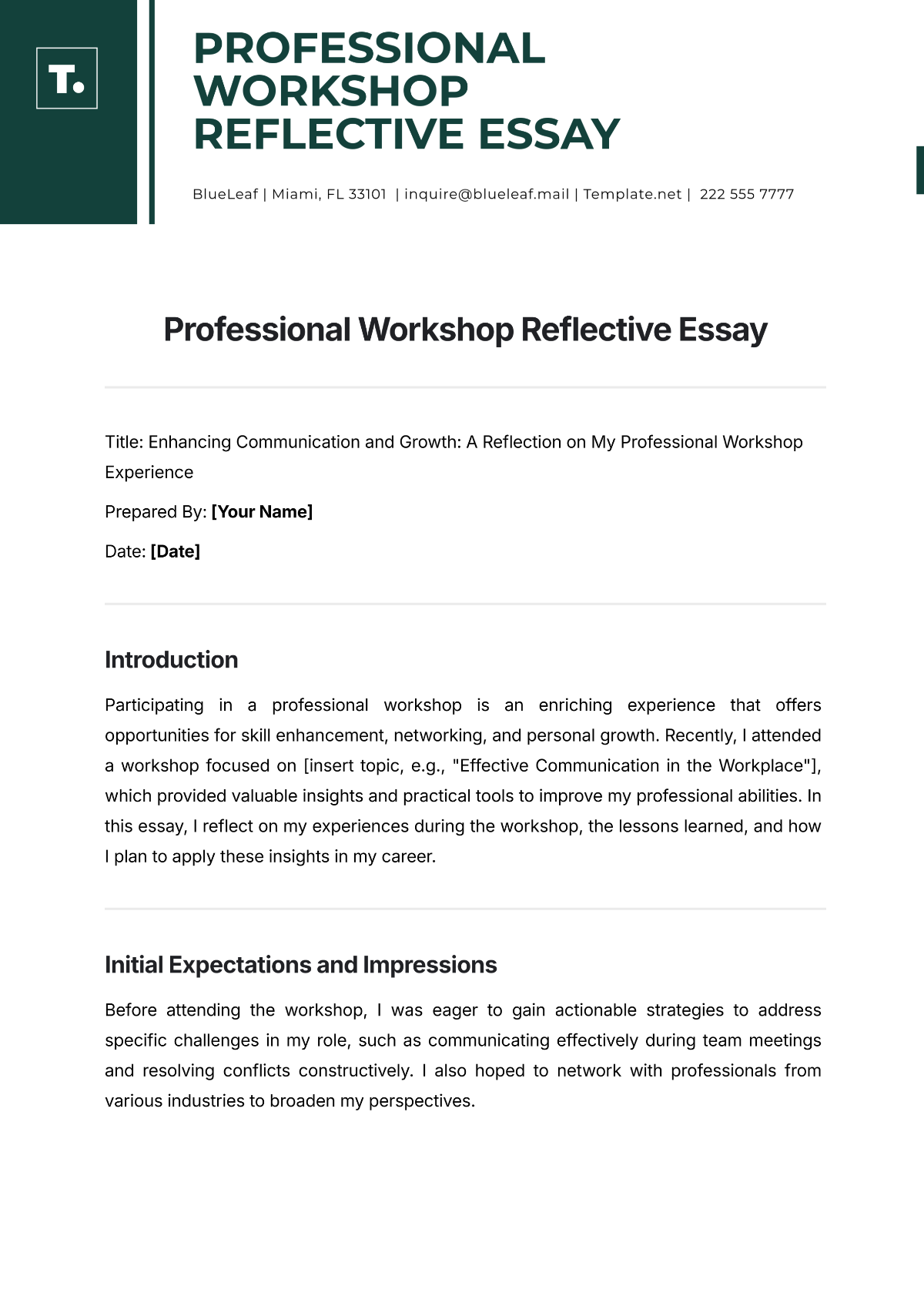 Professional Workshop Reflective Essay Template - Edit Online & Download