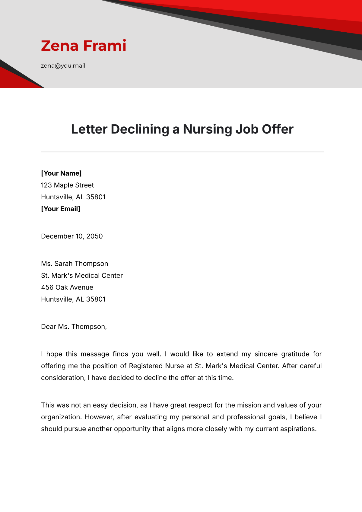 Letter Declining a Nursing Job Offer Template - Edit Online & Download