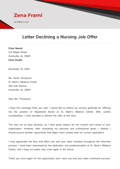 Free Letter Declining a Nursing Job Offer Template to Edit Online