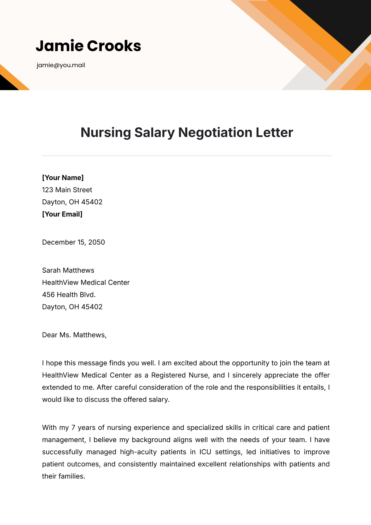 Nursing Salary Negotiation Letter Template - Edit Online & Download