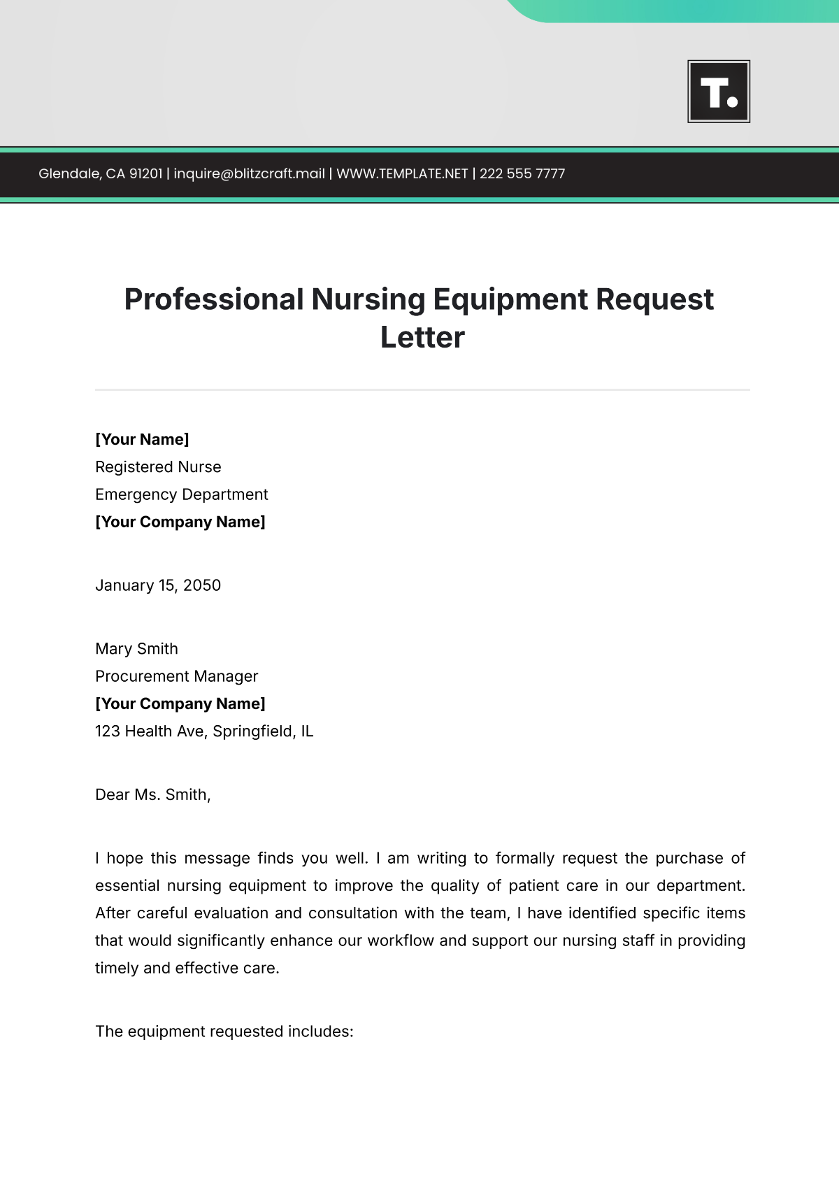 Professional Nursing Equipment Request Letter Template - Edit Online & Download