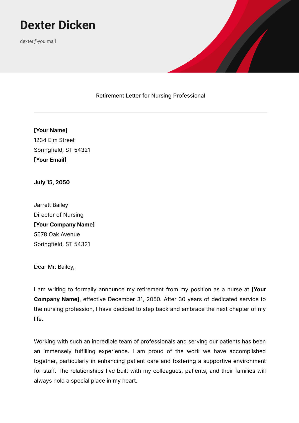 Retirement Letter for Nursing Professional Template - Edit Online & Download