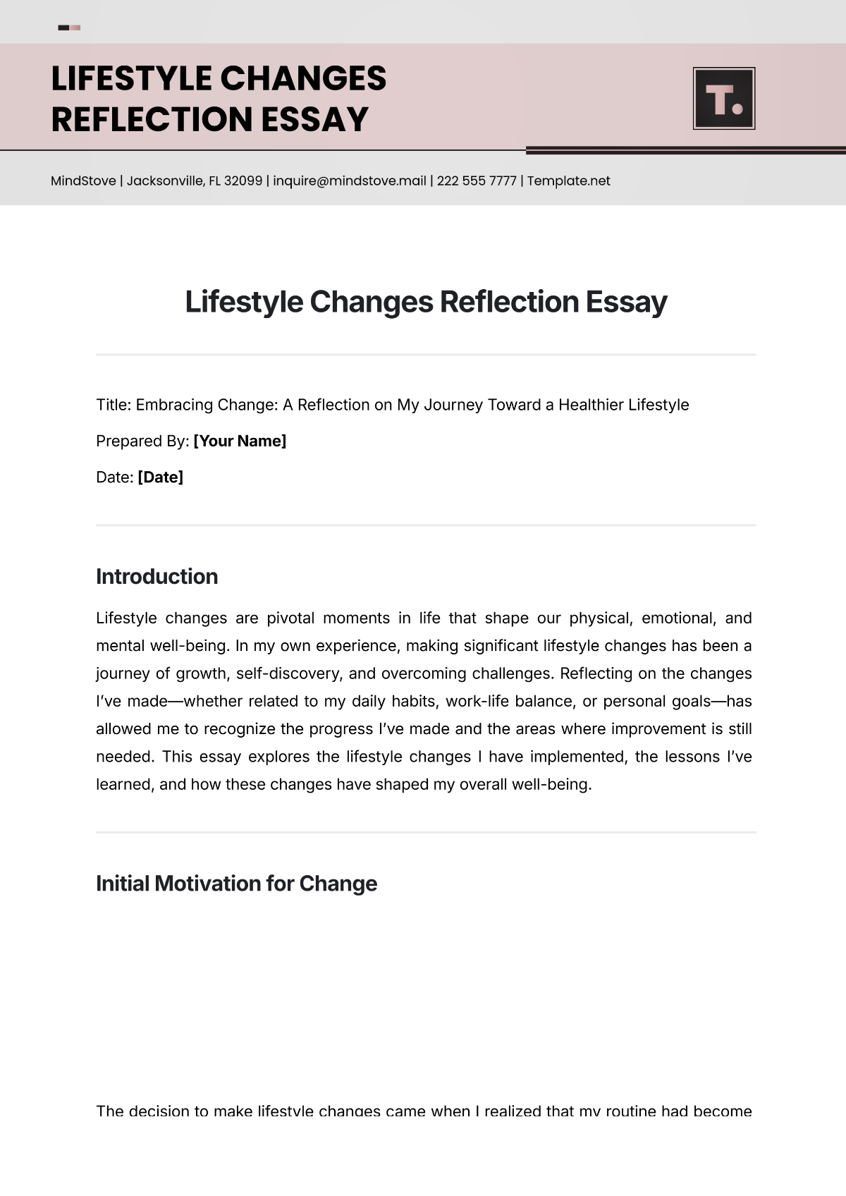 Lifestyle Changes Reflection Essay Template - Edit Online & Download